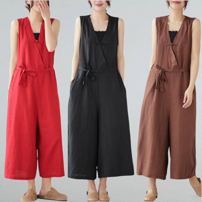 夏の新作リネンコットンゆったり無地オールインワン