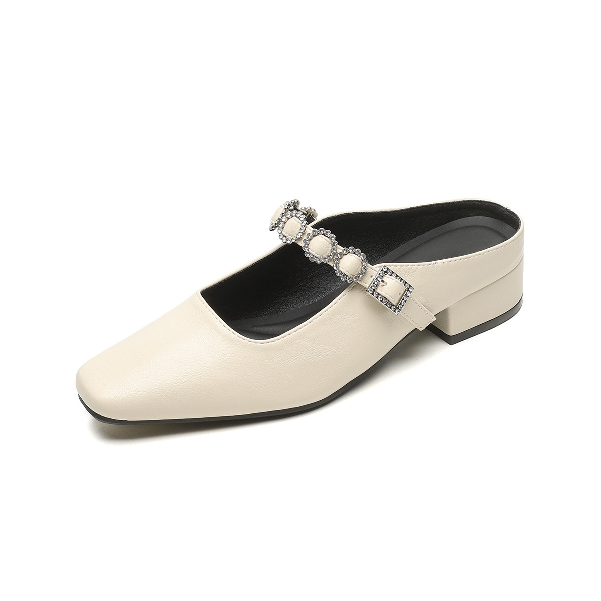 フレンチスタイルのクローズドトゥハーフスリッパ、レディース夏用スリッパ、アウトドア用ラインストーンサンダル、ゆったりとしたスリッポン厚ヒールサンダル