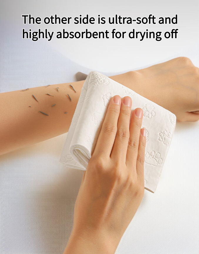 Double-sided absorbent bath towel displayed flat