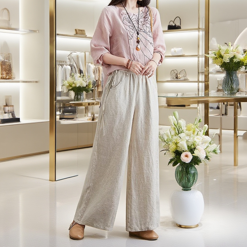 여성용 린넨 와이드 팬츠 뒷모습