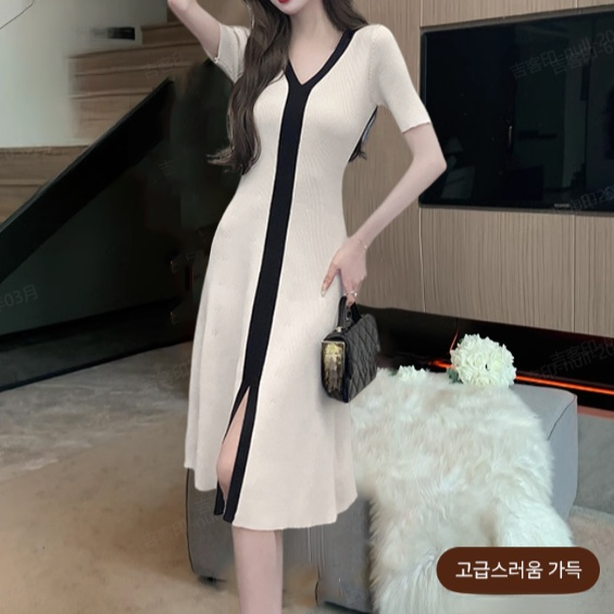 여성 냉장고 니트 원피스 브이넥 슬림핏 통기성 원피스 냉장고 니트 브이넥 슬림 원피스