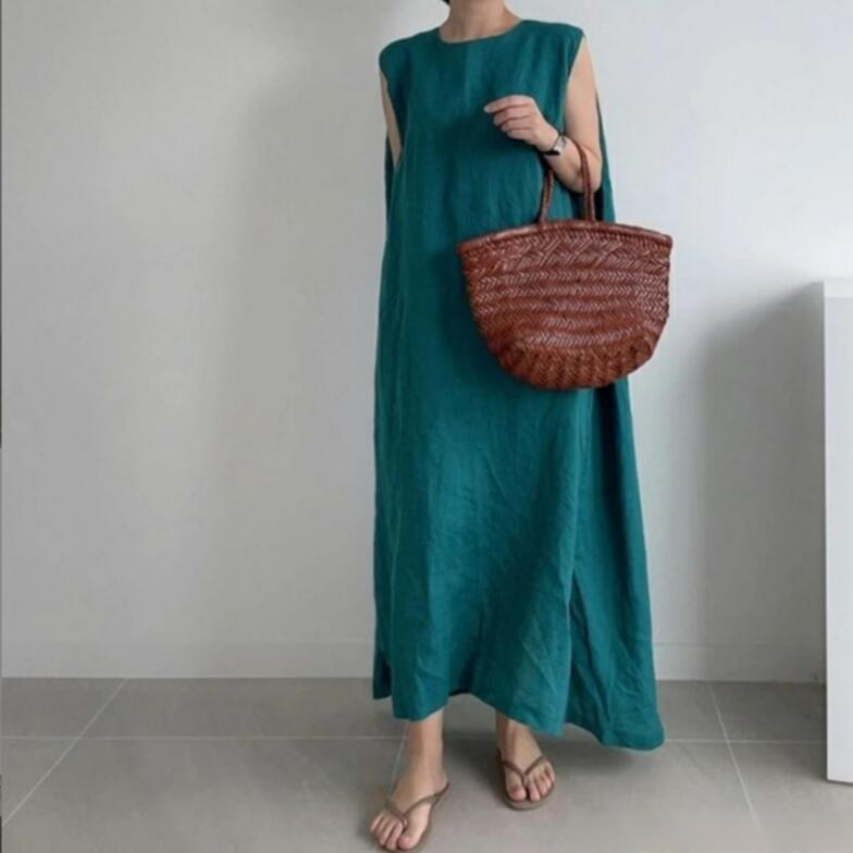 ベスト・ノースリーブ・ドレス ラウンドネック良質7色スプリットドレス