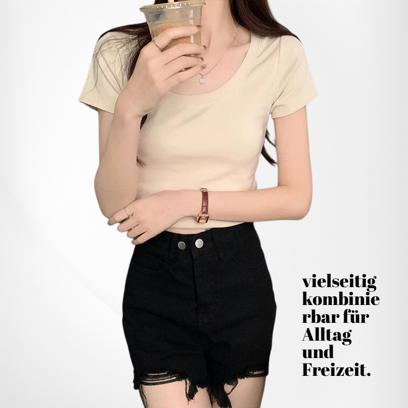 Damen Skinny Stretch Kurzarm Rundhals T-Shirt