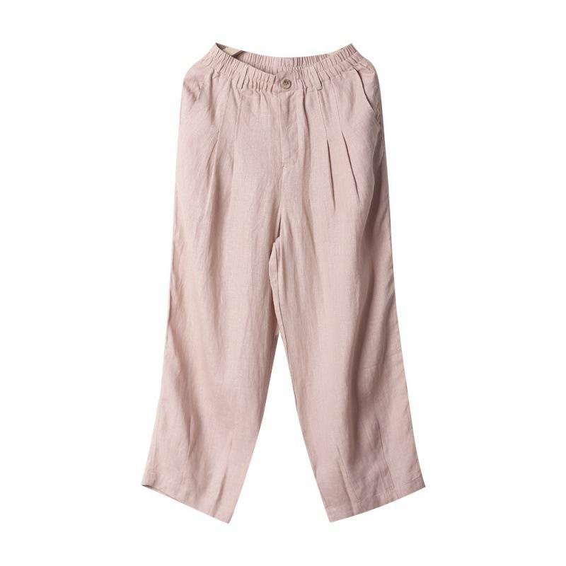 핀턱 린넨 빈티지 와이드 슬림핏 핑크 캐주얼 바지 여 여름 얇은 면 마 하이웨스트 와이드 9부 바지