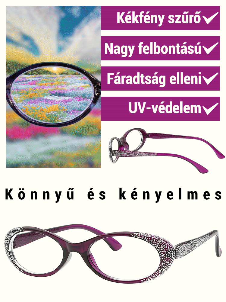 【Hölgyeknek készült】Divatos, strasszköves, kékfény-szűrős olvasószemüveg