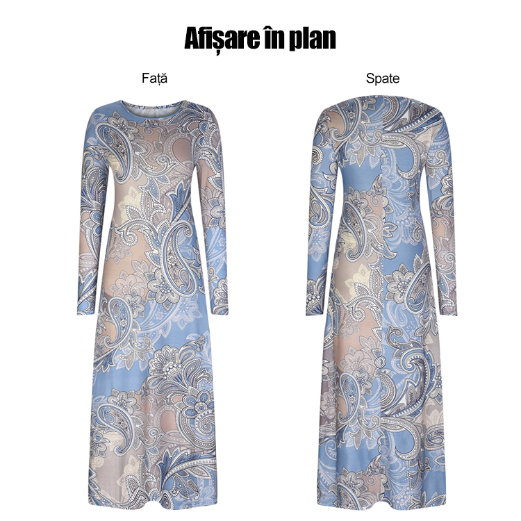 Rochie lungă cu mânecă lungă și guler rotund pentru toamnă și iarnă, versatilă