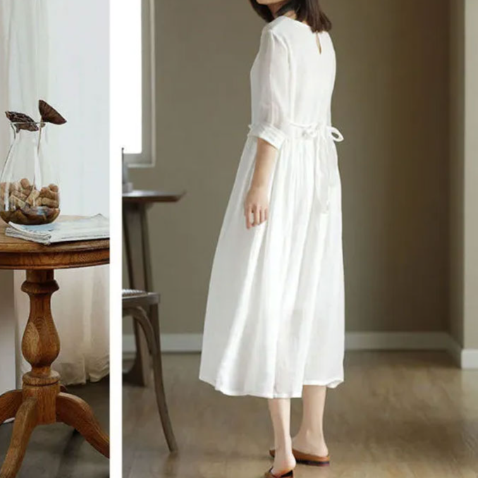 涼しく快適な綿麻素材ワンピースのディテール