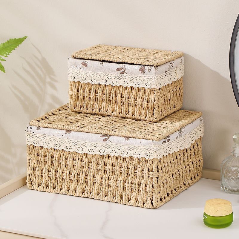 Desktop storage box with lid rattan basket sundries box key entrance coffee table storage basket