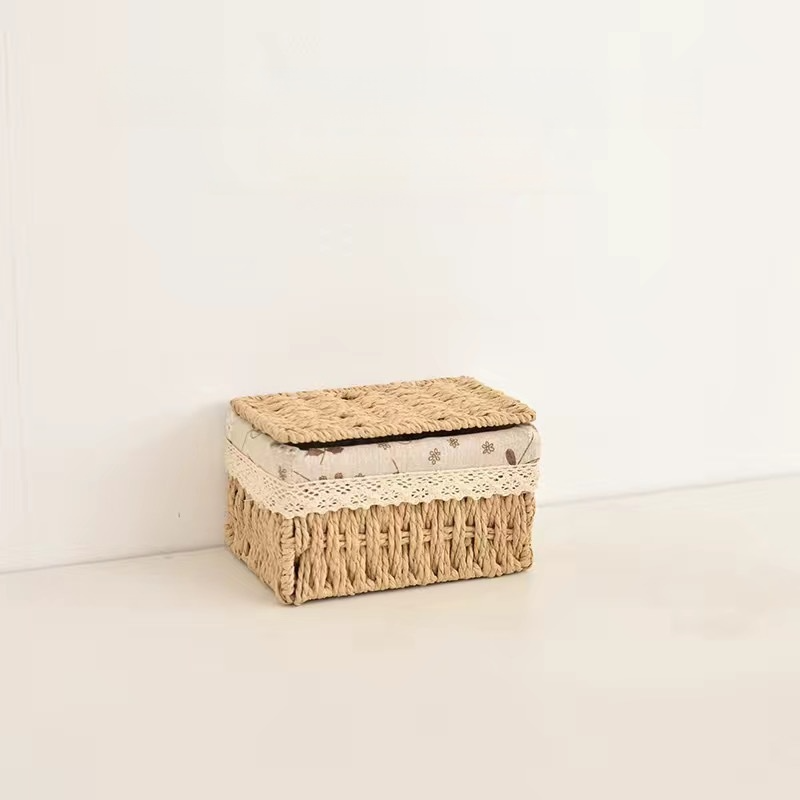 Desktop storage box with lid rattan basket sundries box key entrance coffee table storage basket