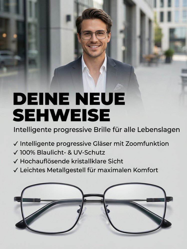 Ultraleichte Großrahmen-Mehrfokus-Titanbrille für Alterssichtigkeit.