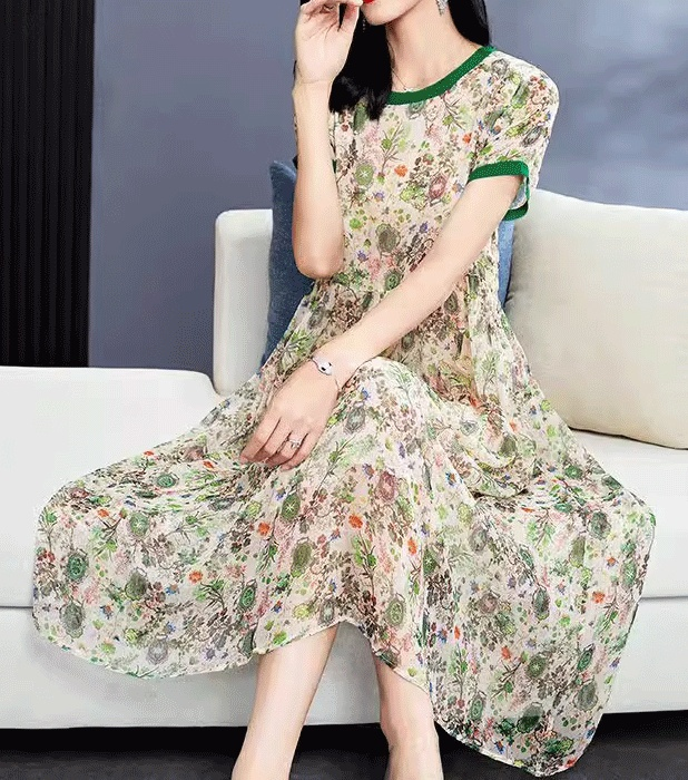 젊어 보이는 실크  루즈핏 프린트 원피스 여성용