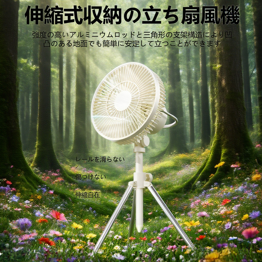 LED照明付きキャンプ用扇風機の使用イメージ