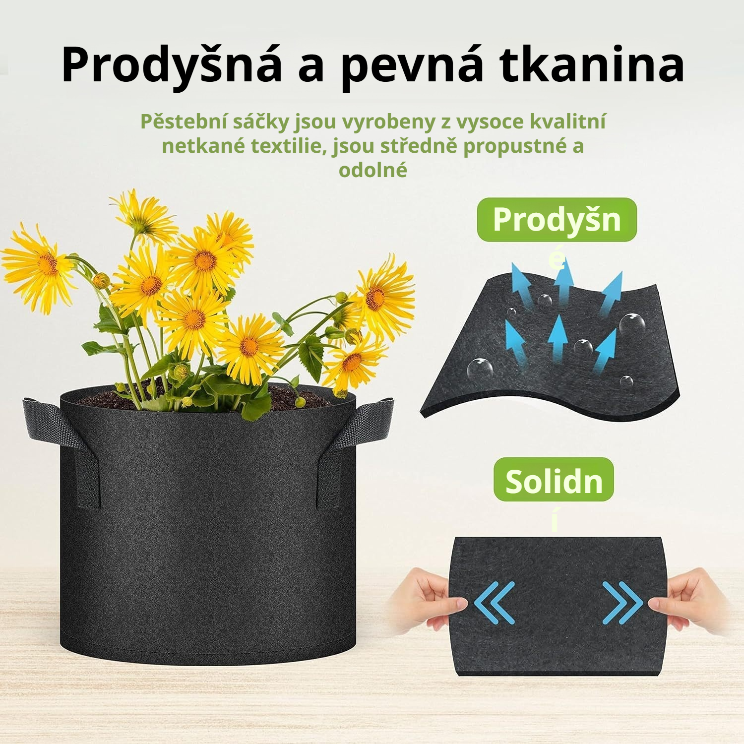 Detail prodyšného filcového materiálu pěstebního vaku