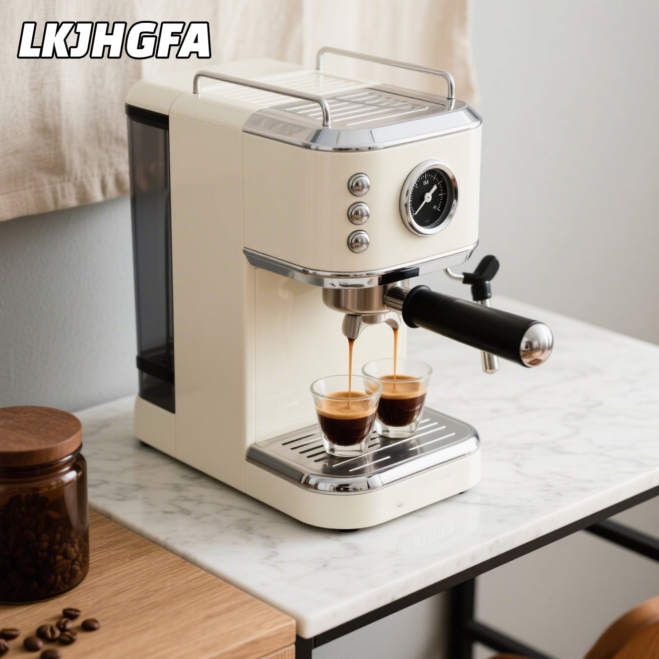 Cafetera compacta con taza de café listo