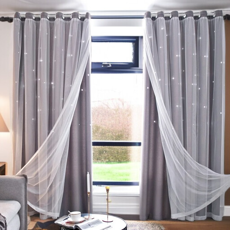 침실 차광 커튼 완제품 이중 레이스 펀칭 차광 커튼 별 차광 커튼
