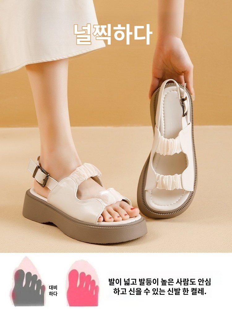 여성 캐주얼 로마슈즈 통굽 조리 샌들 여성 일자 버클 주름 샌들 여성 일자 샌들