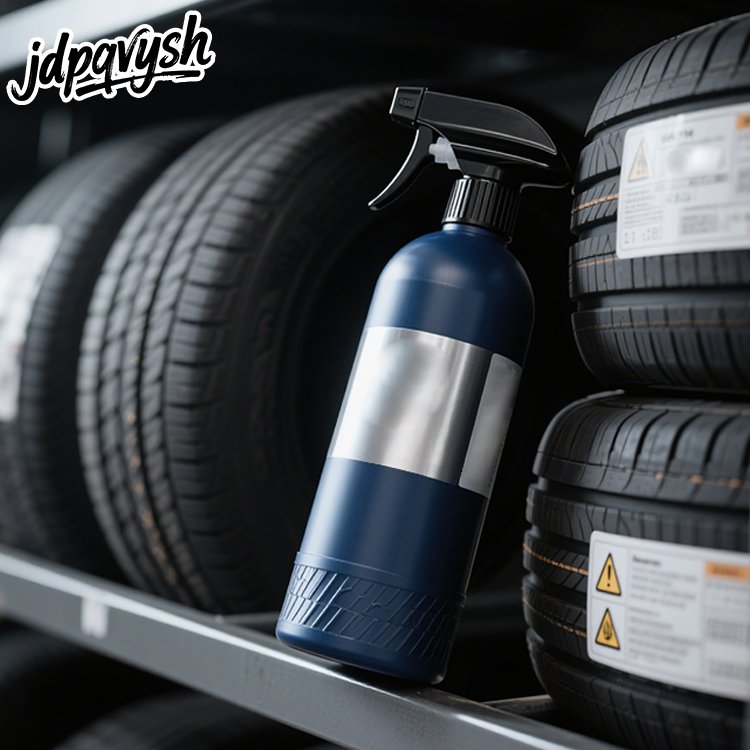 車のタイヤに洗浄剤をスプレーする様子