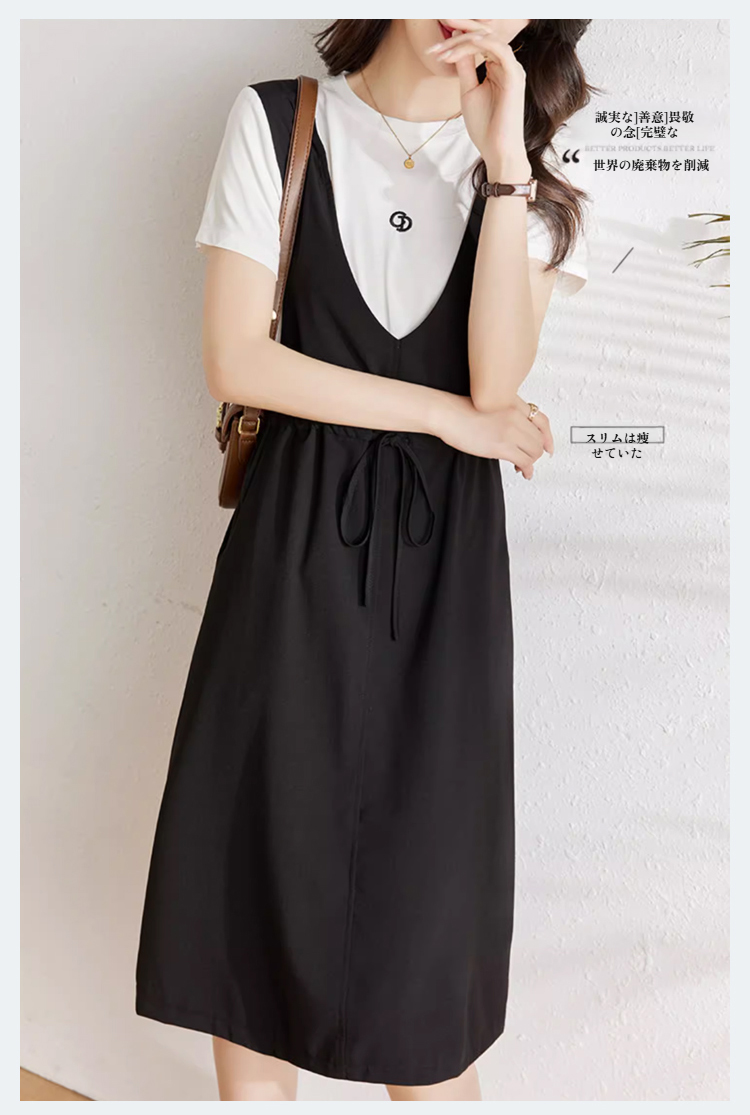 サスペンダーワンピースの生地とディテールクローズアップ