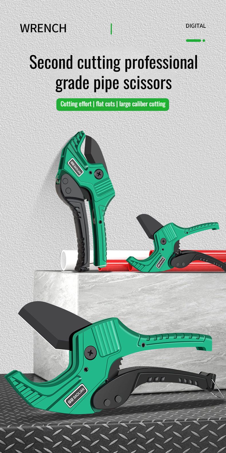 Stainless steel blade pipe cutter shown in action cutting a pipe