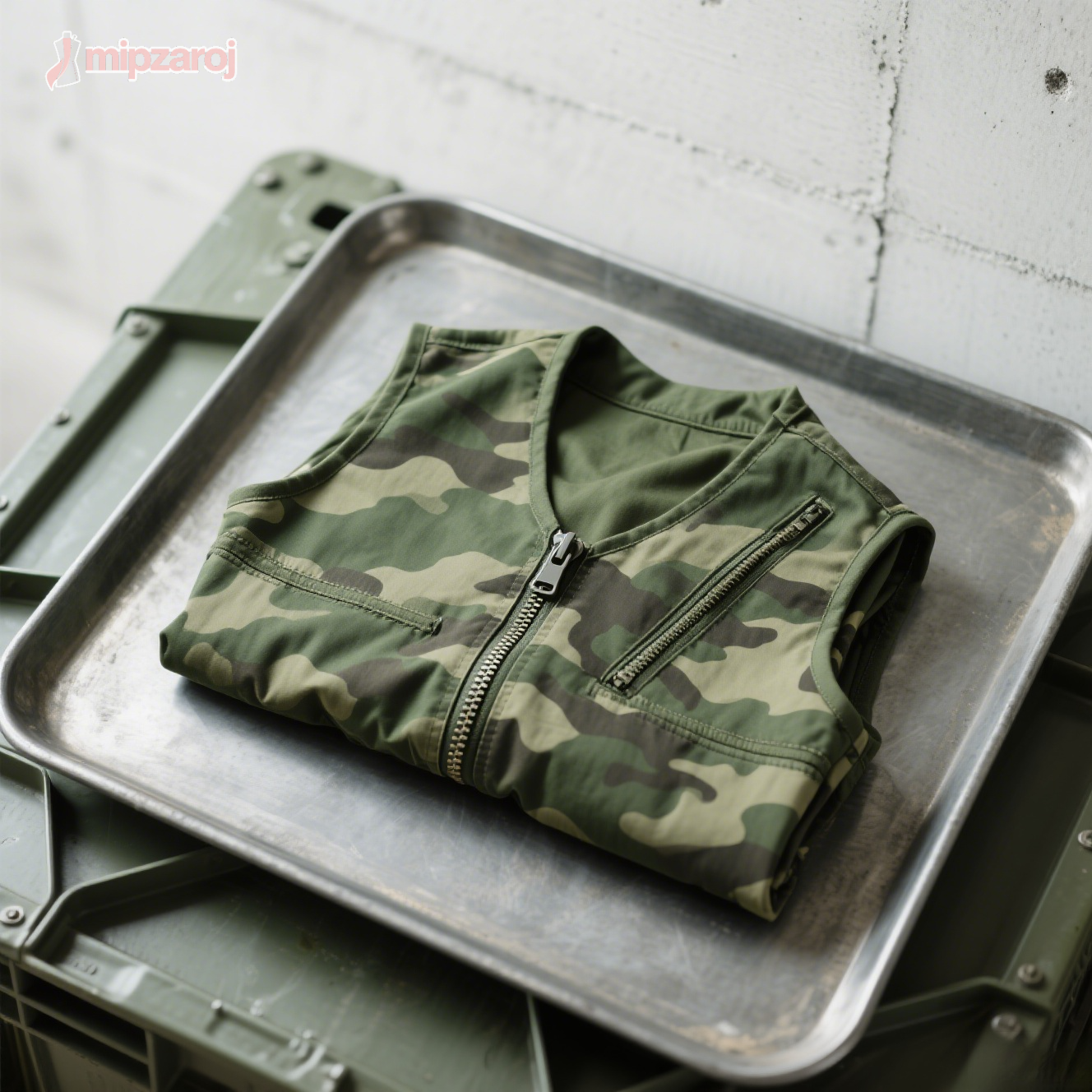 軍緑色の迷彩ベスト