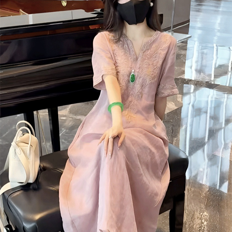 高級天然リネン刺繍ワンピース