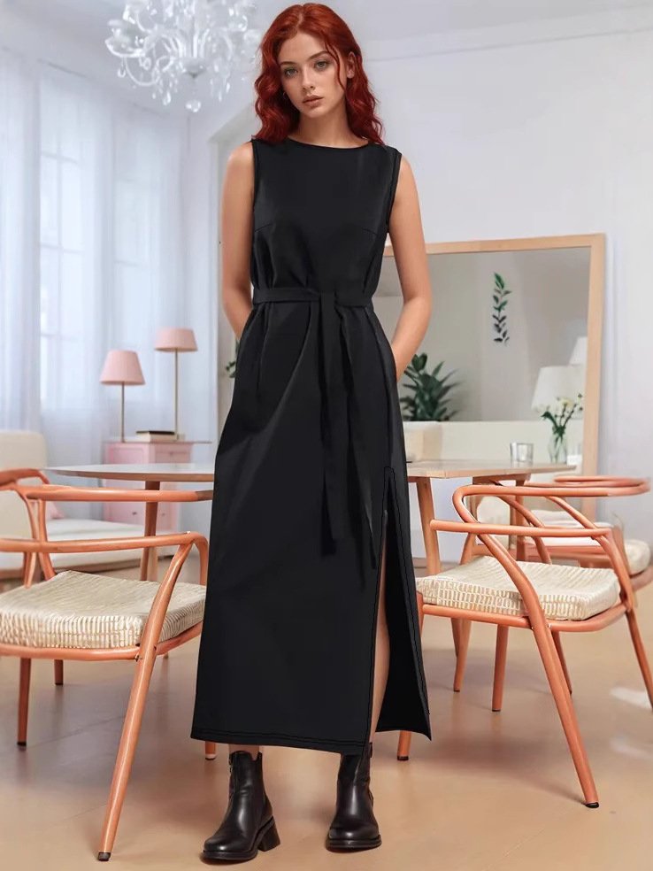 Dámské dlouhé šaty bez rukávů s kulatým výstřihem