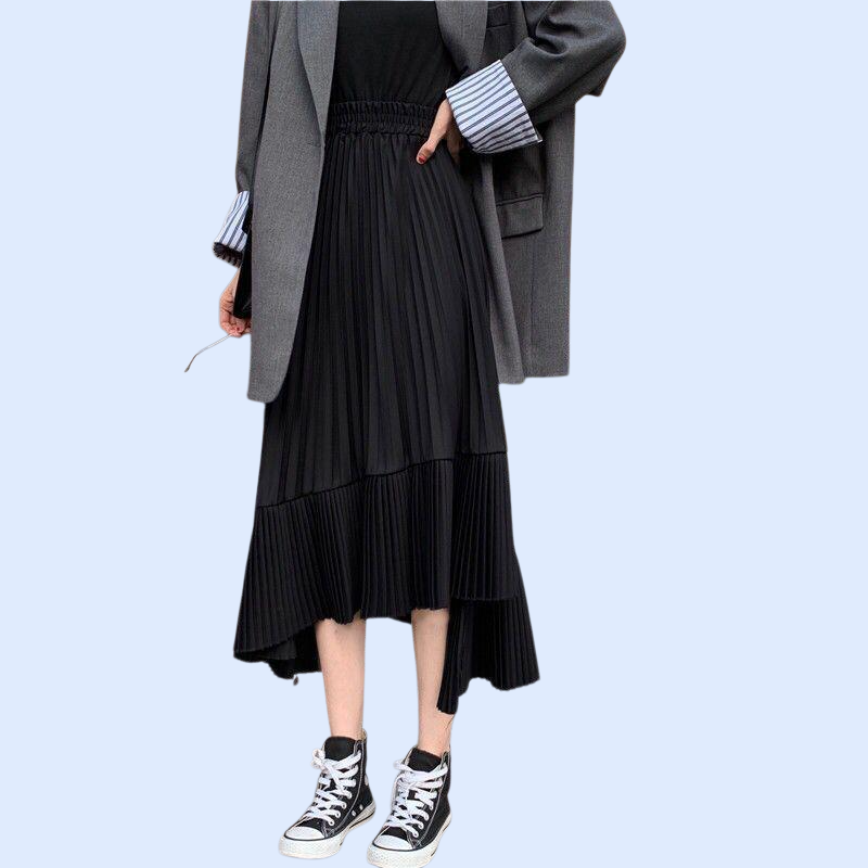 여름 하이웨이스트 디자인 플리츠 미디 스커트 여성용