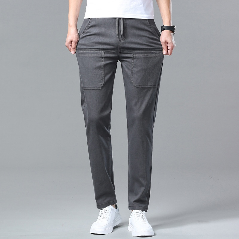 남자 여름 캐주얼 팬츠 작은 일자 아이스 원단 고탄력 팬츠 디자인 남자 데님라이크 6포켓 밴딩 허리 얇은 캐주얼 팬츠