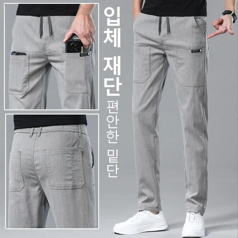 남자 여름 캐주얼 팬츠 작은 일자 아이스 원단 고탄력 팬츠 디자인 남자 데님라이크 6포켓 밴딩 허리 얇은 캐주얼 팬츠