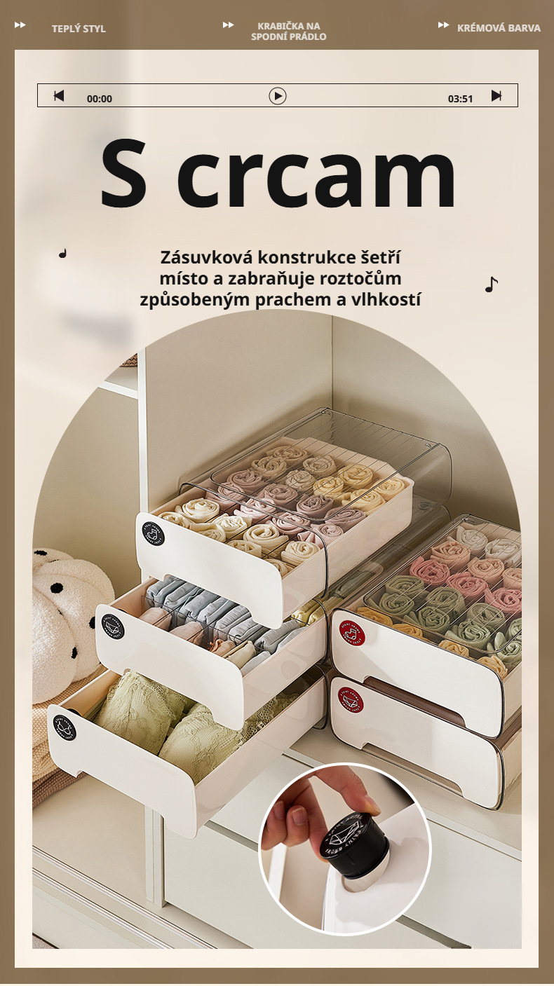 Úložný box na spodní prádlo ve stylu cream v otevřené skříni