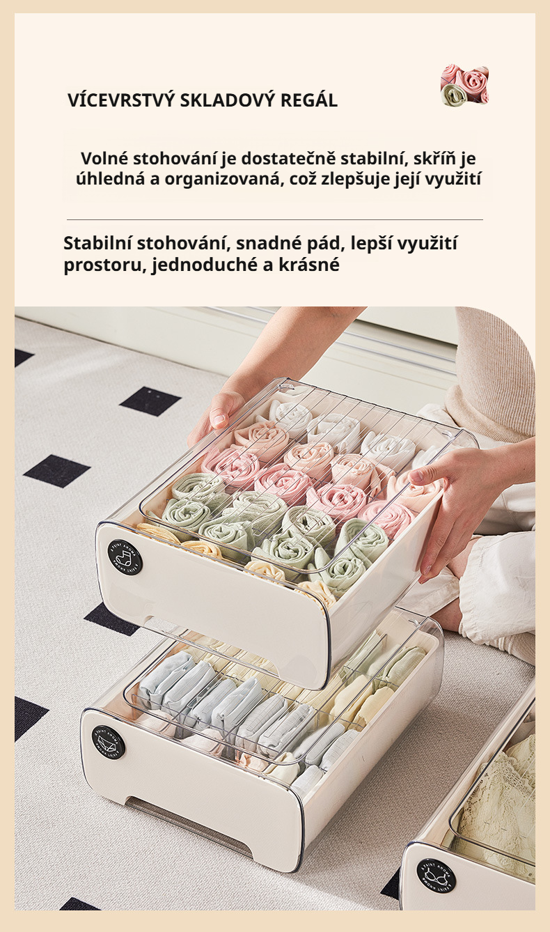Srovnané spodní prádlo v úložném boxu cream stylu