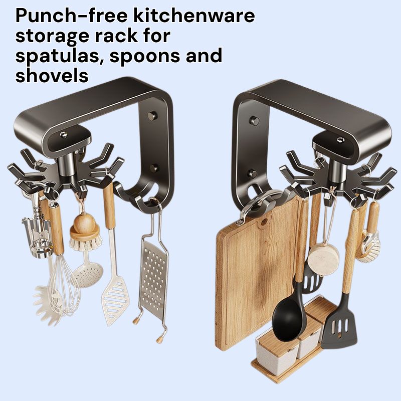Punch-free kitchenware storage rack for spatulas, spoons and shovels