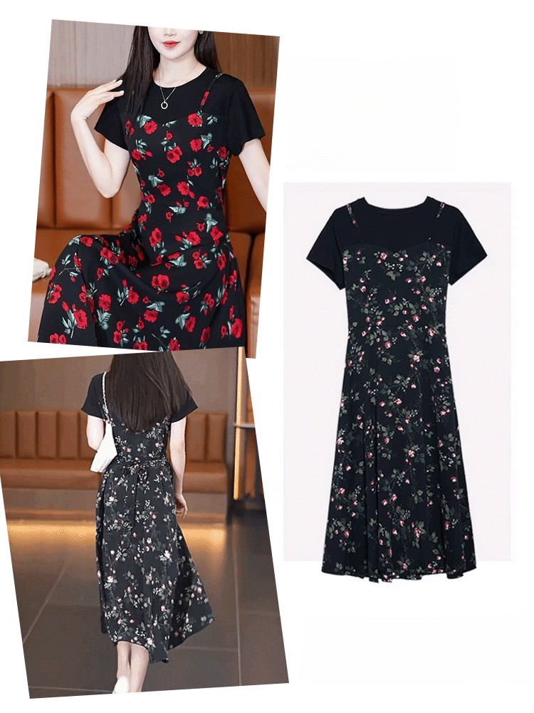  여성용 플라워 패턴  페이크 투피스 스커트