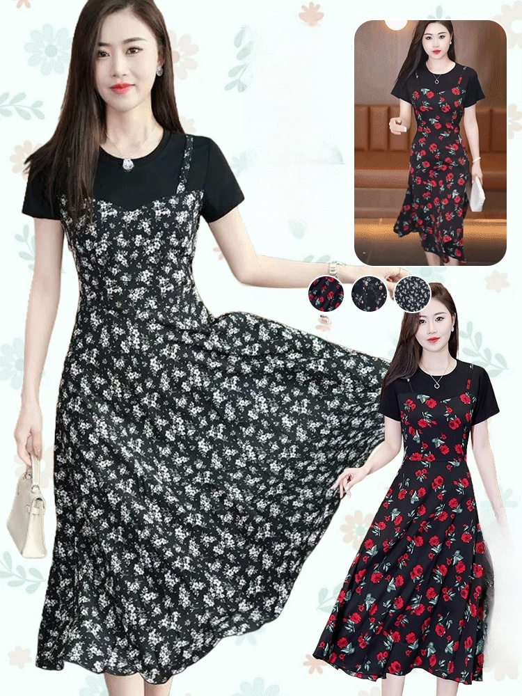  여성용 플라워 패턴  페이크 투피스 스커트