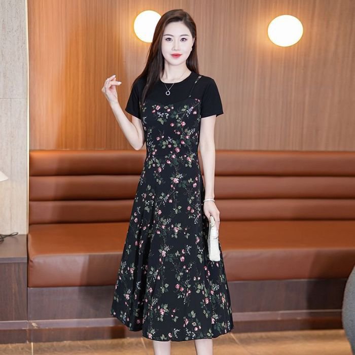  여성용 플라워 패턴  페이크 투피스 스커트