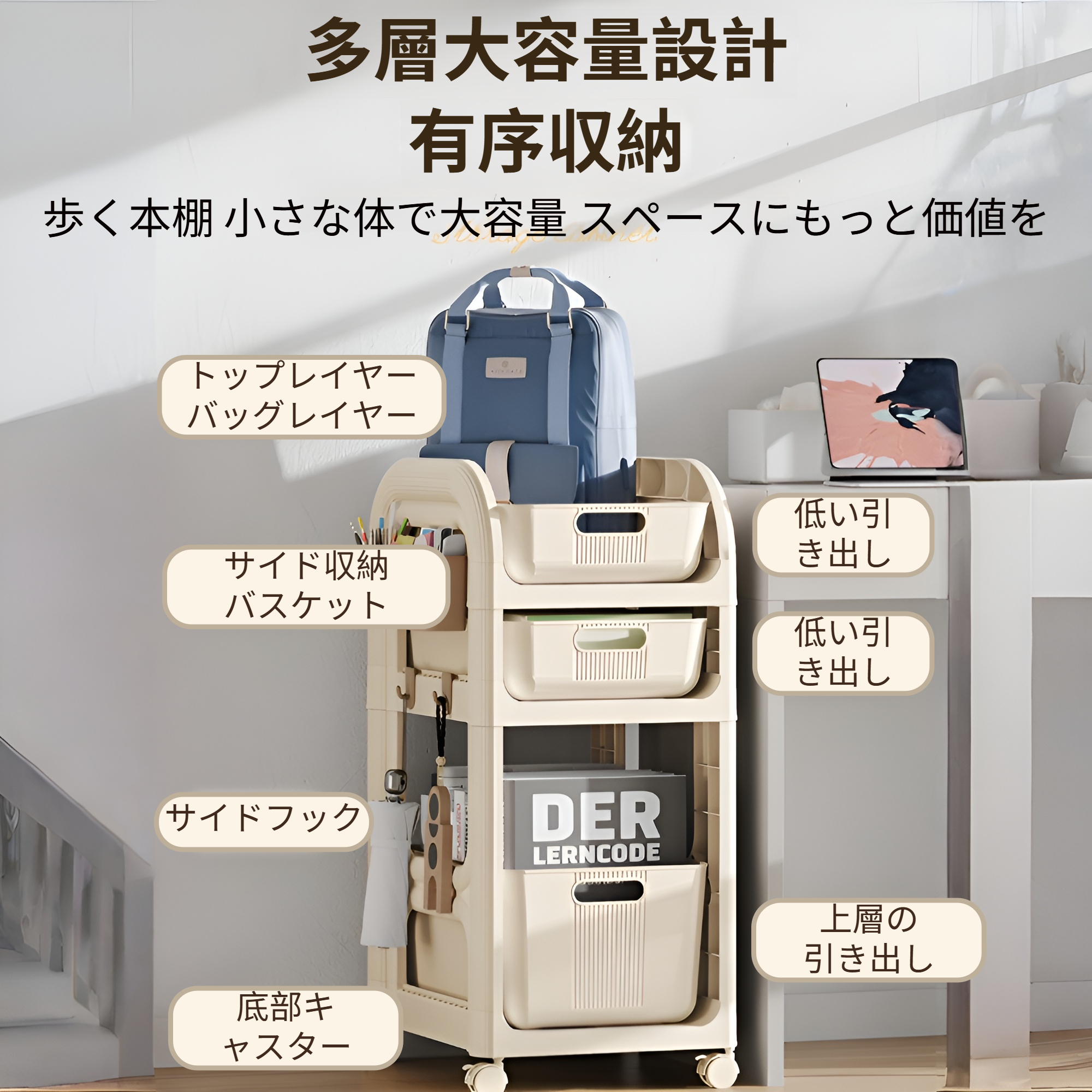 キャスター付きテーブル下可動式トロリーラック寮文具本収納ラックオフィス雑貨収納ラック