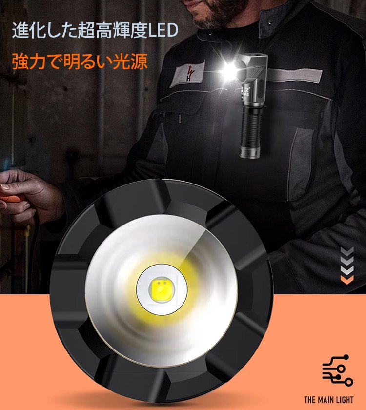 回転ヘッドデュアル光源付き高性能マグネット式強力懐中電灯