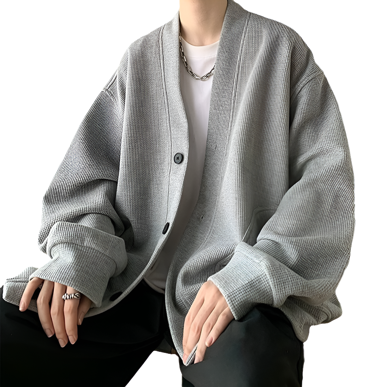 春と秋に着用する男性用のレイジースタイルのウールカーディガンジャケット、Vネックのアメリカンジャケットを備えた先進的な若々しいフードなしセーター