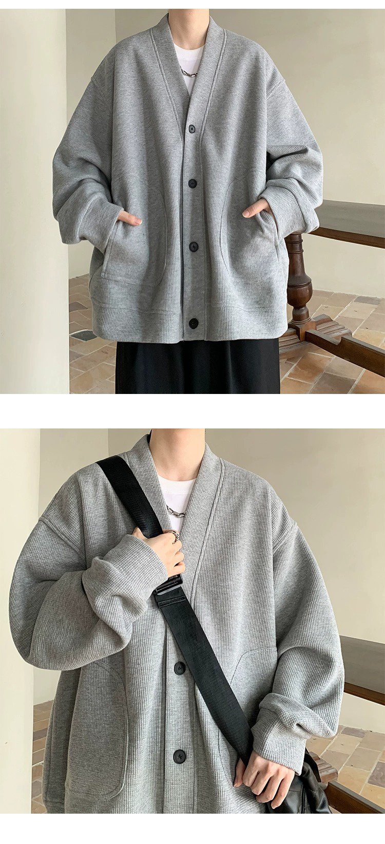 春と秋に最適な男性セーターコーディネート例