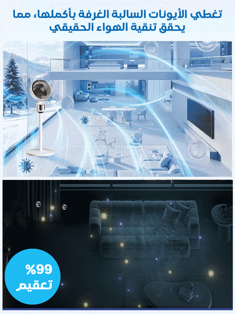 مروحة واقفة موفرة للطاقة لتعزيز الدورة الهوائية وتنقية الهواء وذات صوت تشغيل هادئ 