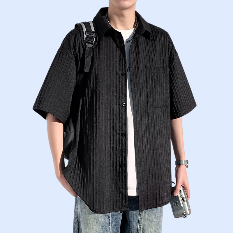 여름 캐주얼 세로 스트라이프 오픈카라 질감 루즈핏 반팔 셔츠 남성