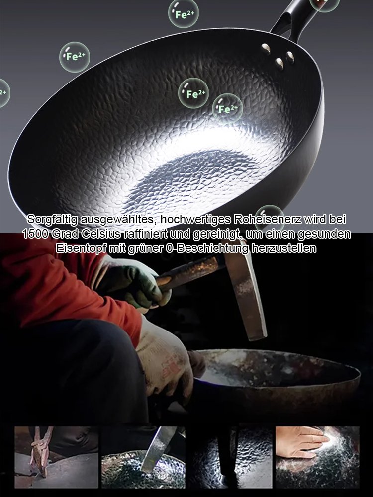 Handgeschmiedete japanische Eisen-Bratpfanne (beschichtungsfrei, mit verstärktem flachen Boden