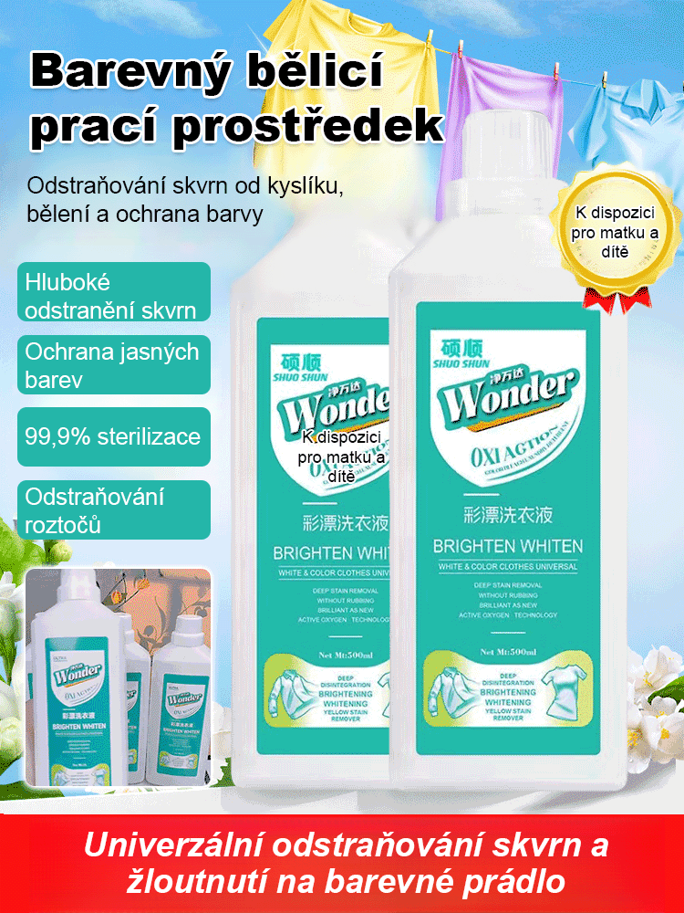 Jít na zesvětlení a rozjasnění aktivním kyslíkem čisticí kapalina na barevné prádlo