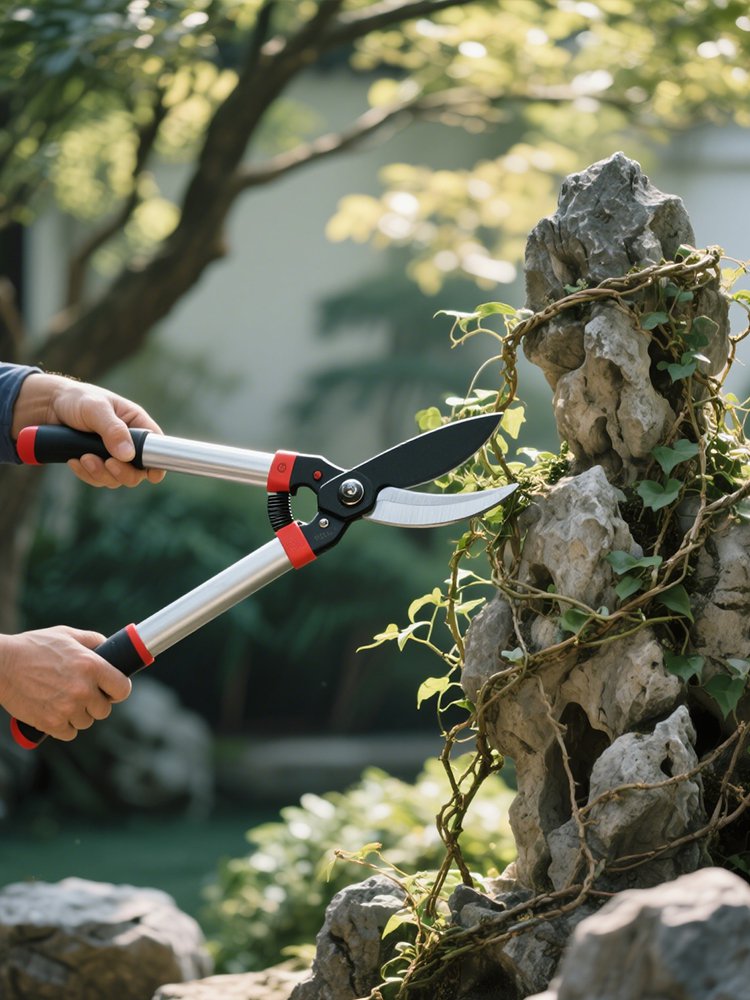 Zahradník používající teleskopické nůžky na stromě
