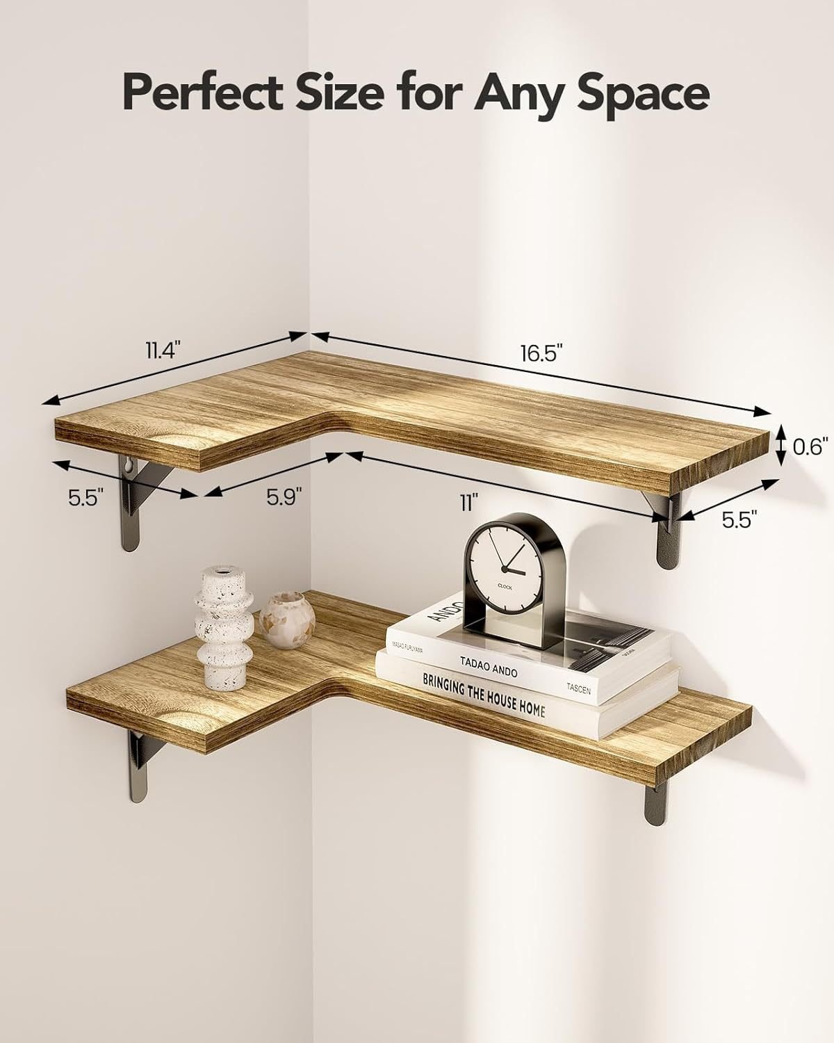 Hand-polished wall corner organizer shelf installed in a modern living room