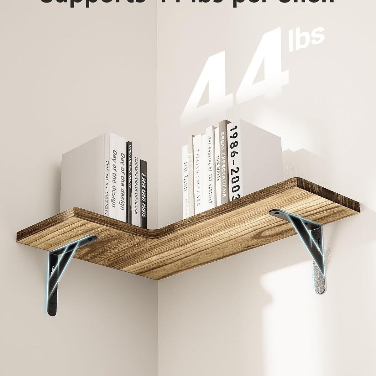 Close-up of hand-polished, smooth wooden corner shelf