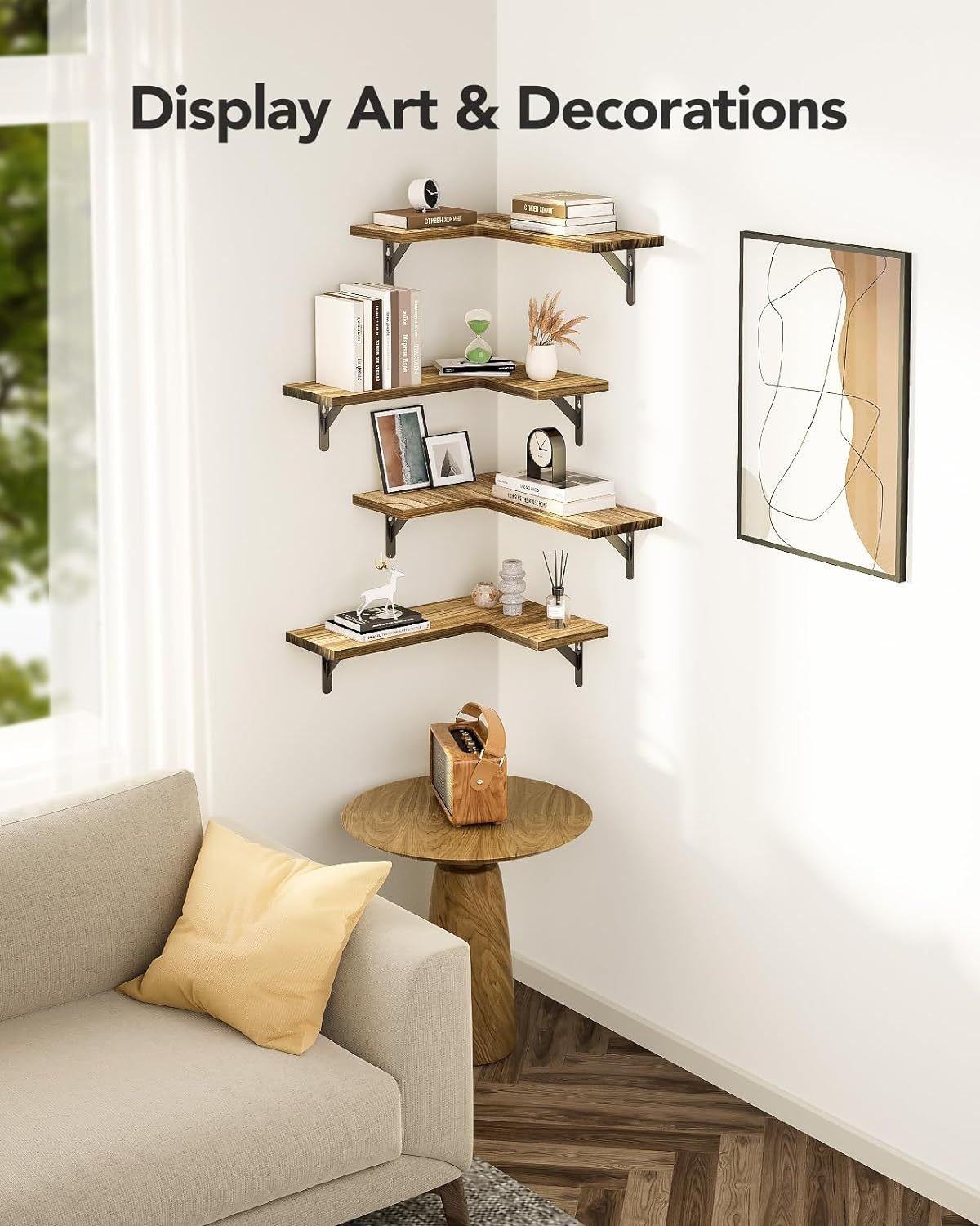 Smooth no burr corner shelf displaying decorative items