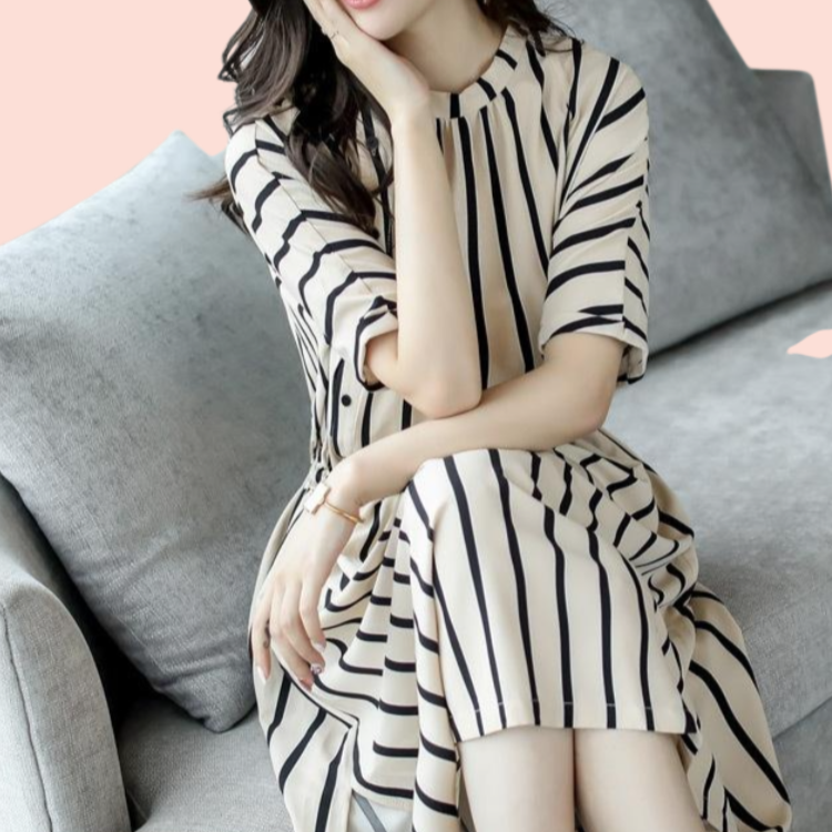 여성 허리 밴딩 스트라이프 원피스