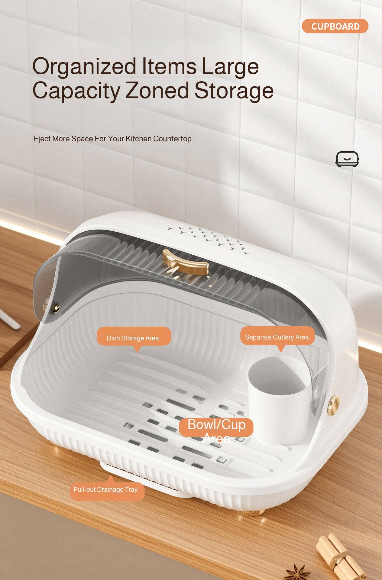 Modern kitchen with large dish rack and storage box combo