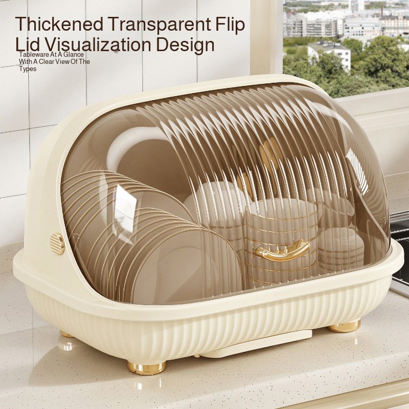 Large lidded kitchen dish storage box with draining dish rack